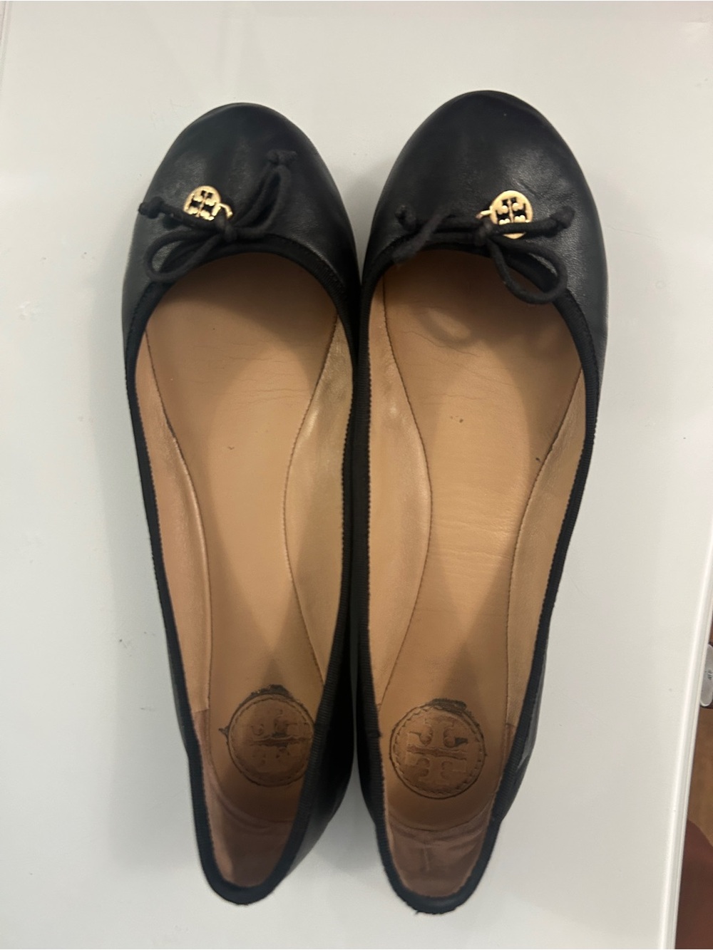 Tory Burch Black Leather Ballet Flats with Gold Logo Charms